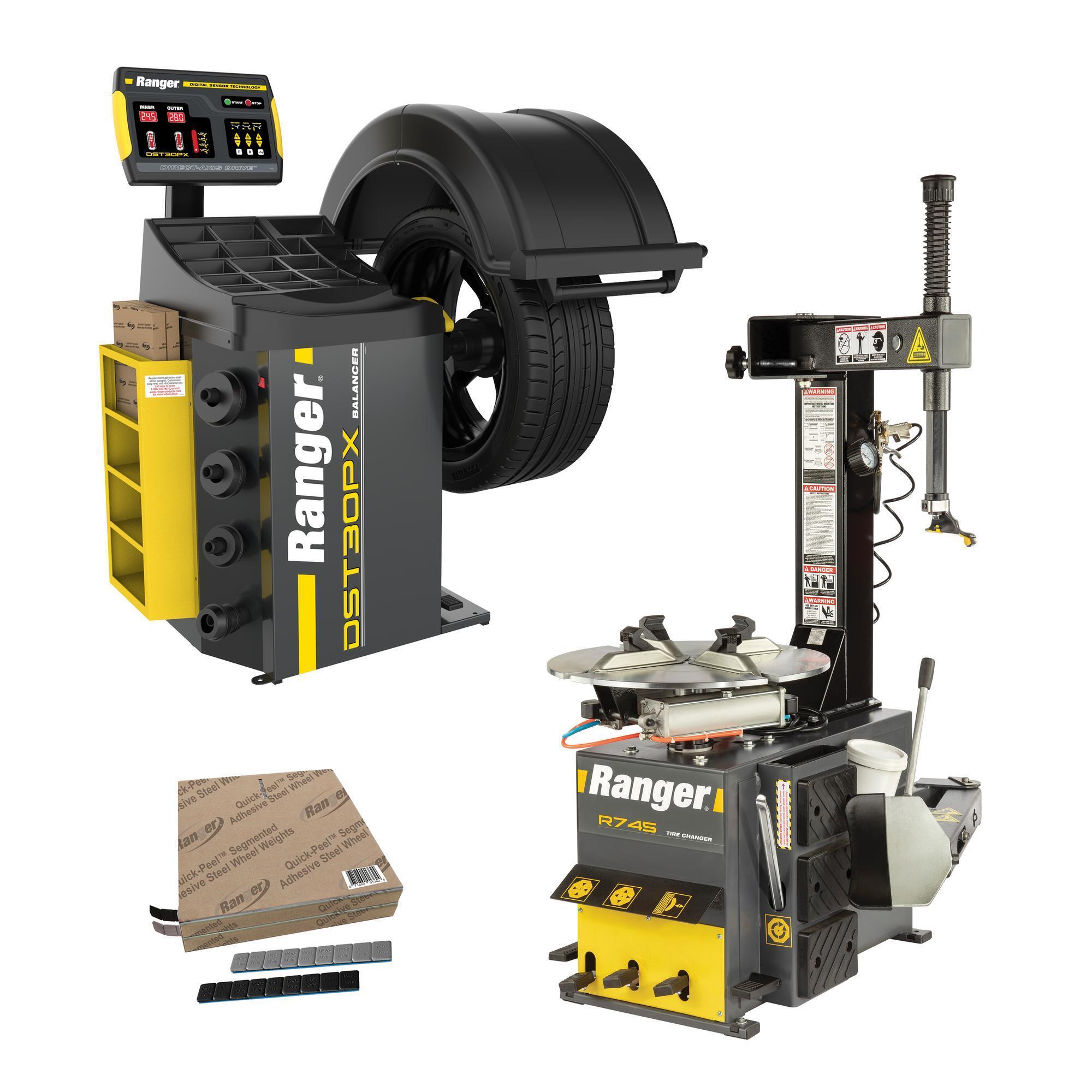 Ranger, R745+DST30PX-110V +Tape Weight Roll Kit 1400pc, Swing Arm Tire Changer 20" Capacity & Wheel Balancer / 40 mm Shaft